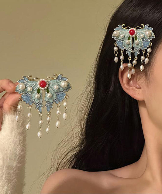 Épingle à cheveux papillon en alliage bleu rétro avec perles émaillées - Wavlynn