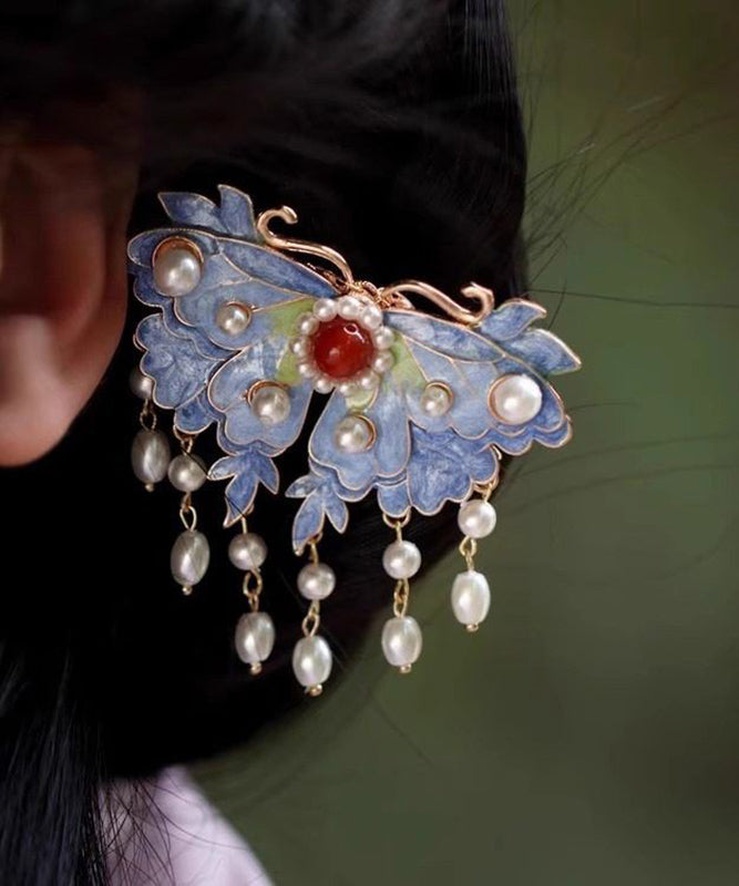 Épingle à cheveux rétro en argent sterling avec perles bleues et pompon en forme de papillon - Wavlynn