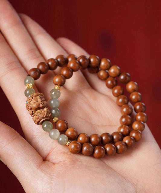 Bracelet rétro en perles de bois de santal et jade marron surdoré - Wavlynn