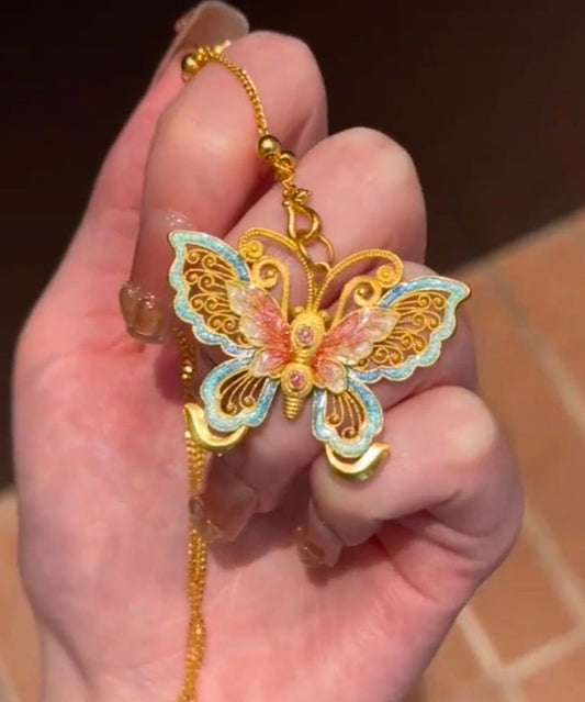 Collier pendentif papillon en émail doré rétro ancien - Wavlynn
