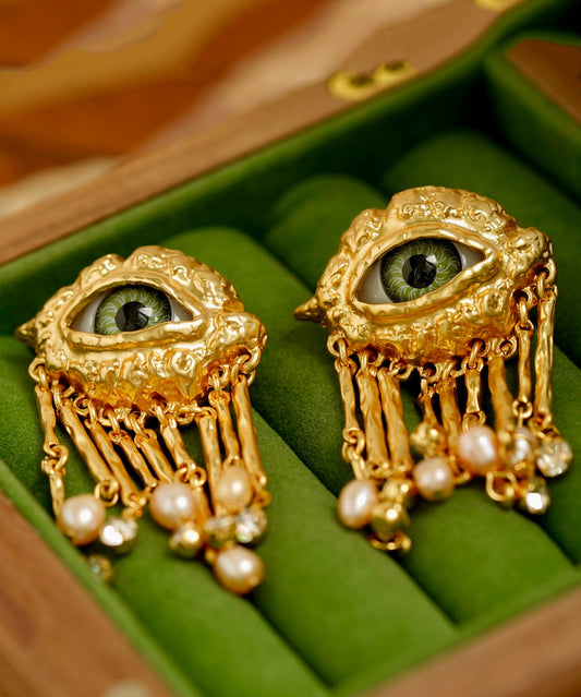 Boucles d'oreilles pendantes rétro en alliage de cuivre doré et perles avec pompon et œil maléfique - Wavlynn