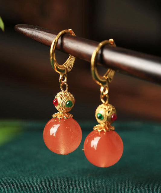 Boucles d'oreilles pendantes rétro en argent sterling doré, zircon et agate, forme calebasse - Wavlynn