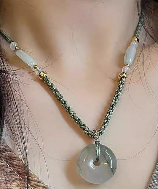 Collier pendentif boucle Ping An en jade tissé vert rétro - Wavlynn