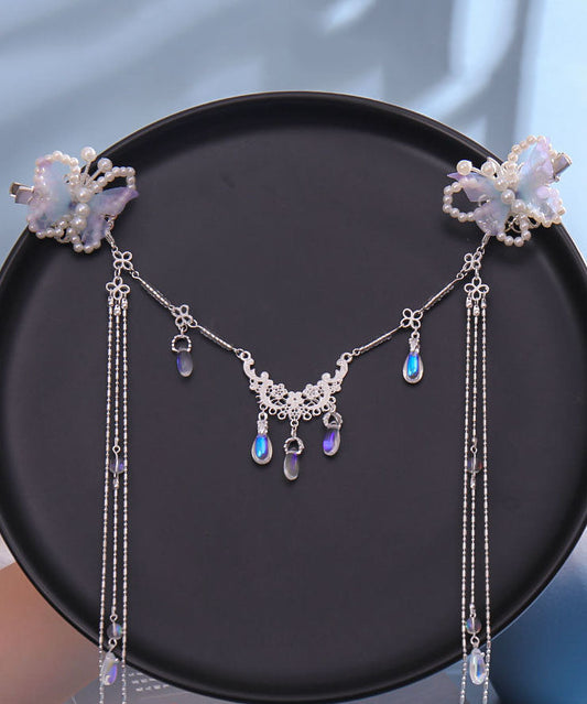 Épingle à cheveux rétro en alliage violet clair avec perles papillon et pompon - Wavlynn