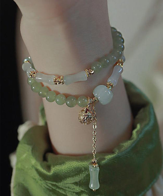 Bracelet à breloques double couche en patchwork de perles et de bambou rétro en métal doré - Wavlynn