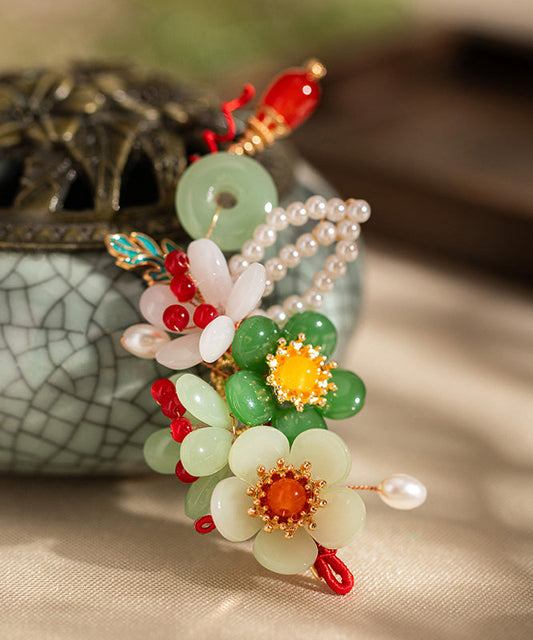 Épingle à cheveux rétro multicolore en alliage de jade et perles à pompon floral - Wavlynn