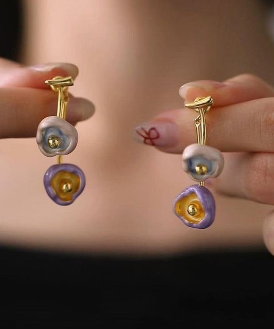 Boucles d'oreilles pendantes rétro multicolores en cuivre doré et émail floral - Wavlynn
