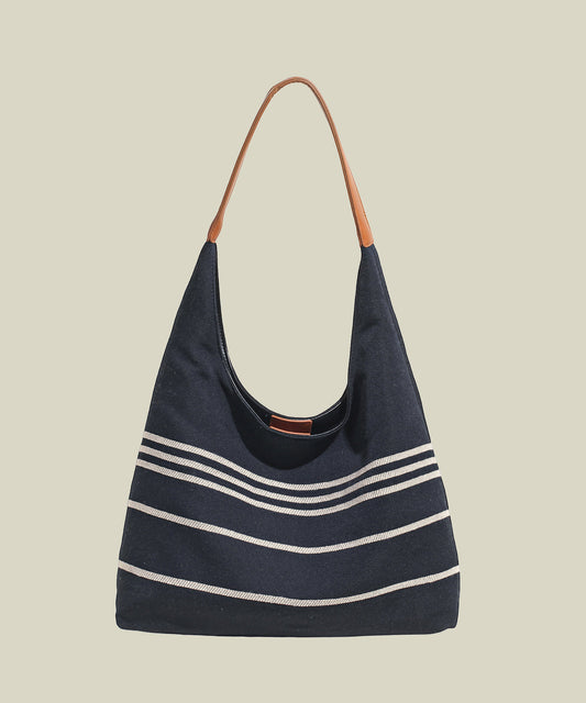 Sac à main rétro en toile solide et durable à rayures bleu marine - Wavlynn