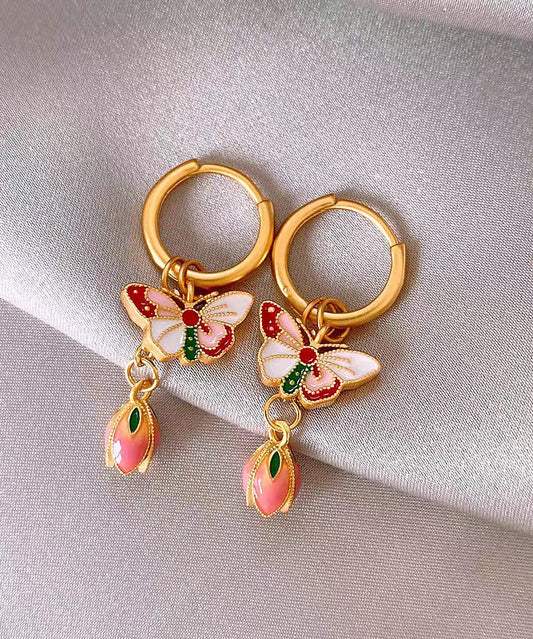 Boucles d'oreilles à tige rétro en alliage de cuivre et émail, motif papillon et fleurs arc-en-ciel - Wavlynn