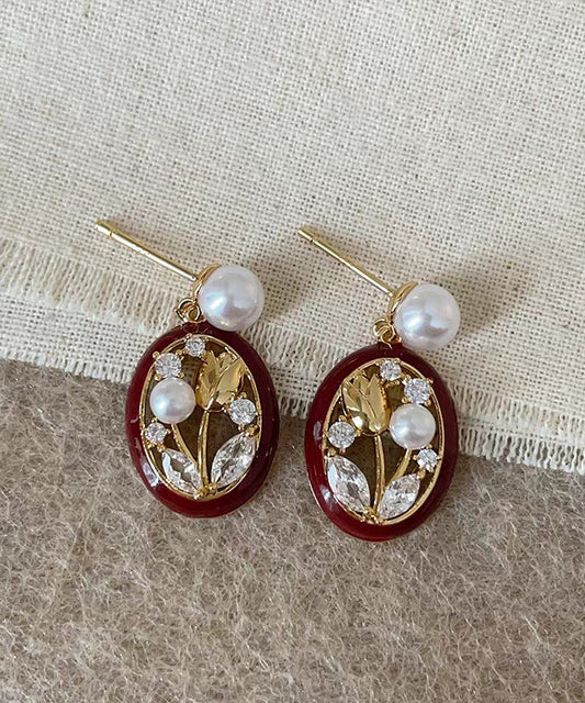 Boucles d'oreilles créoles tulipes rétro en alliage d'argent sterling rouge et zircon - Wavlynn