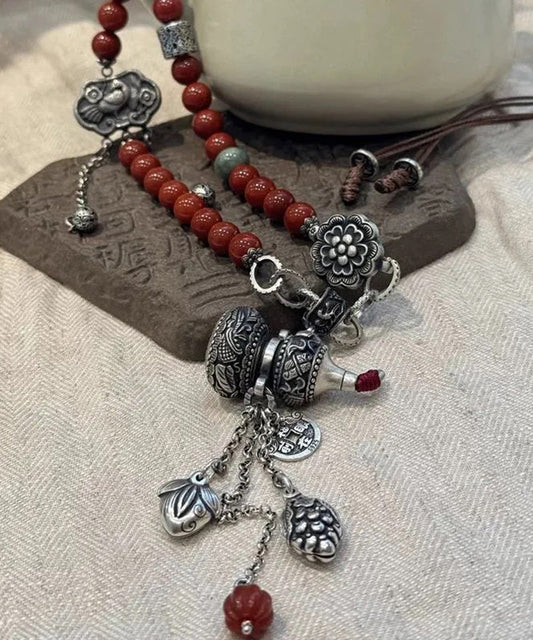 Collier rétro en argent sterling rouge avec pendentif à pampilles et cadenas Calabash Ruyi - Wavlynn