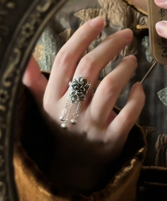 Bagues rétro en argent sterling avec pompon et pivoine en soie - Wavlynn