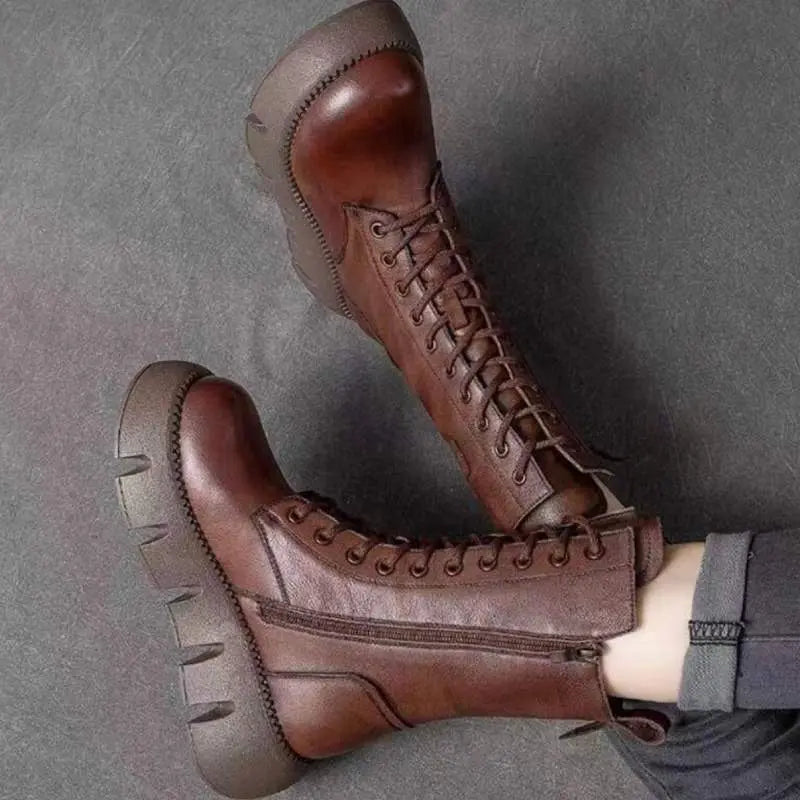 Women's retro mid-calf patent leather high boots in black or brown with plush warm lining