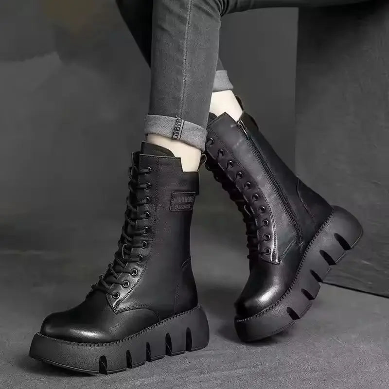 Women's retro mid-calf patent leather high boots in black or brown with plush warm lining