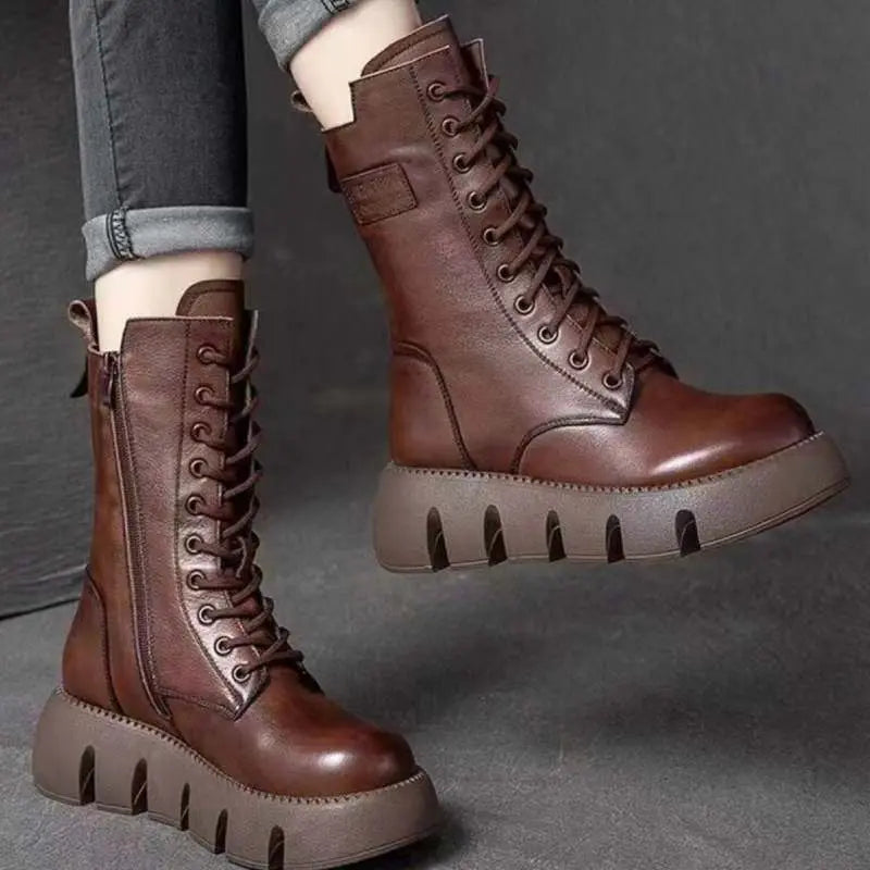 Women's retro mid-calf patent leather high boots in black or brown with plush warm lining