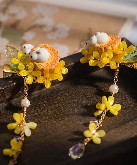 Épingle à cheveux rétro en cuivre jaune surdoré avec perle colorée en résine émaillée et pompon pour enfants - Wavlynn