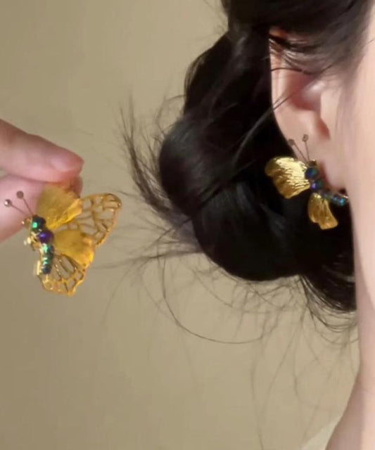 Boucles d'oreilles à tige rétro en argent sterling jaune avec perles papillon surdorées - Wavlynn