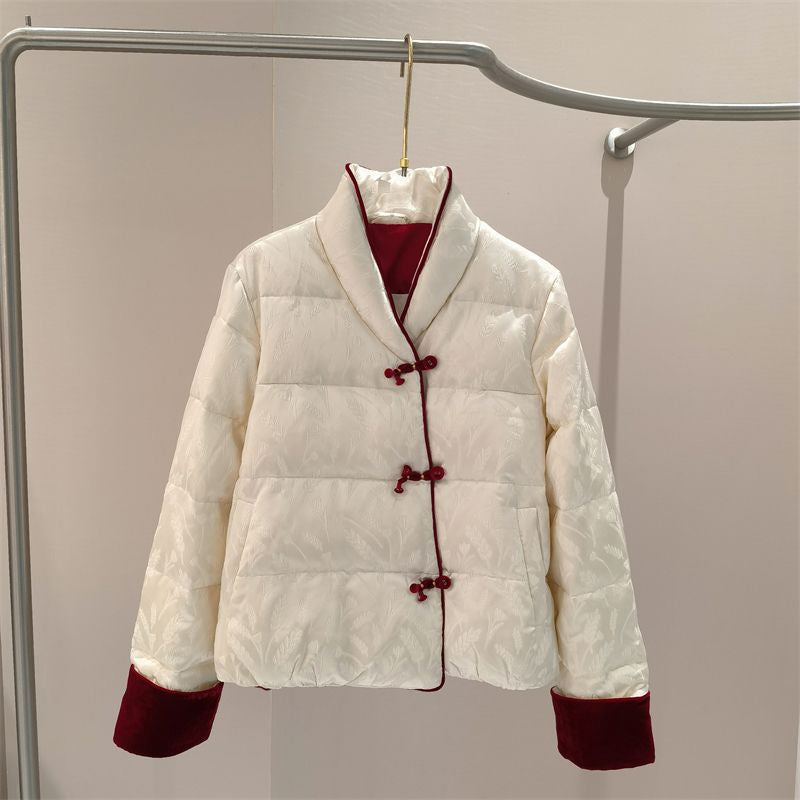 Women's chenille puffer jacket retro chic lightweight button-front closure soft warm outerwear