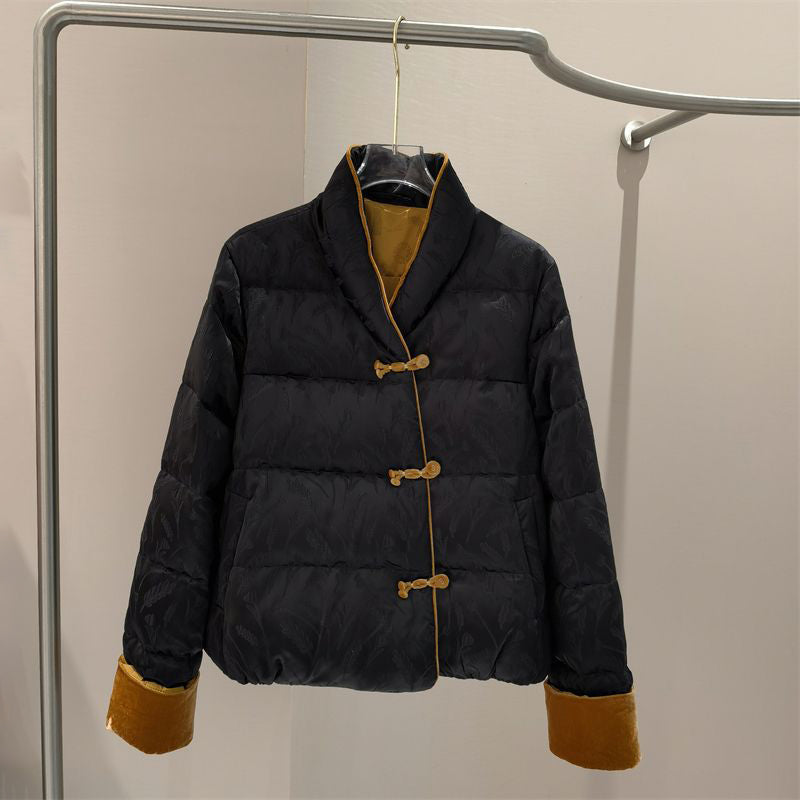 Women's chenille puffer jacket retro chic style button-front cozy lightweight outerwear