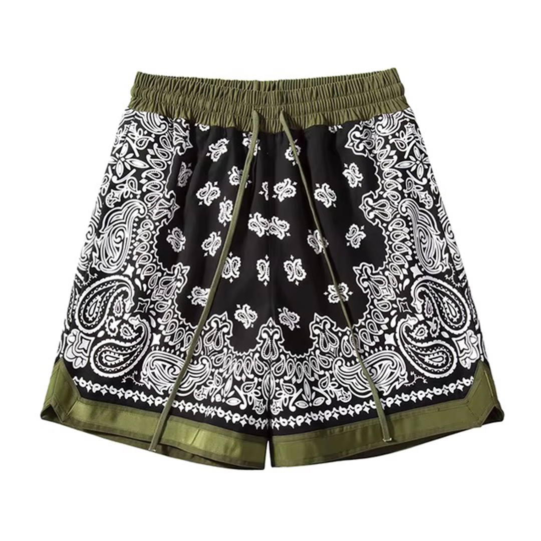 Loose fit paisley print basketball shorts in bandana pattern with elastic adjustable drawstring waist