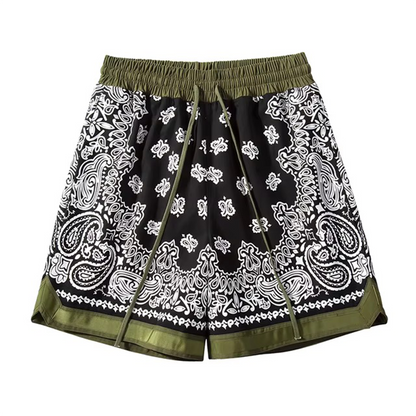 Loose fit paisley print basketball shorts in bandana pattern with elastic adjustable drawstring waist