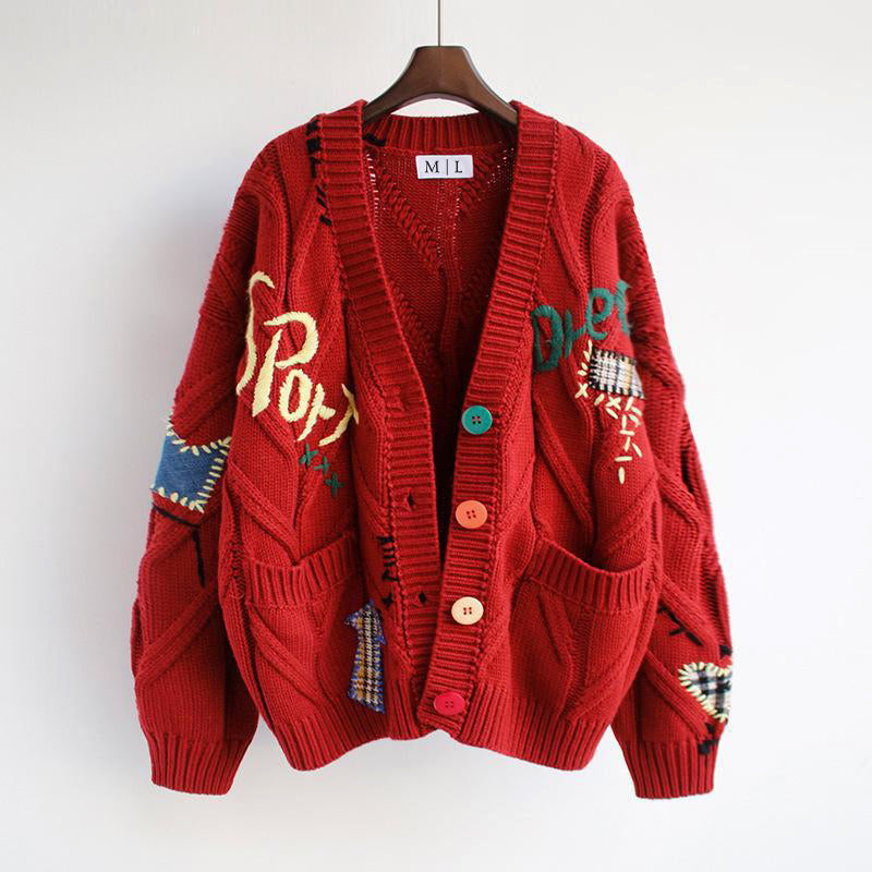 Oversized v-neck patchwork knit cardigan with colorful buttons, retro vintage style