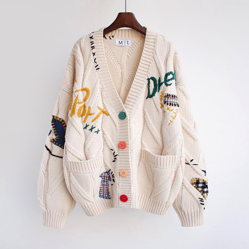 Oversized V-neck patchwork knit cardigan with colorful buttons, retro vintage style by Valentina Rossi