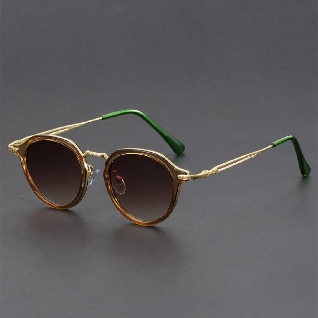 Retro round sunglasses with textured metal frame, contrast temple arms, and UV400 lens protection