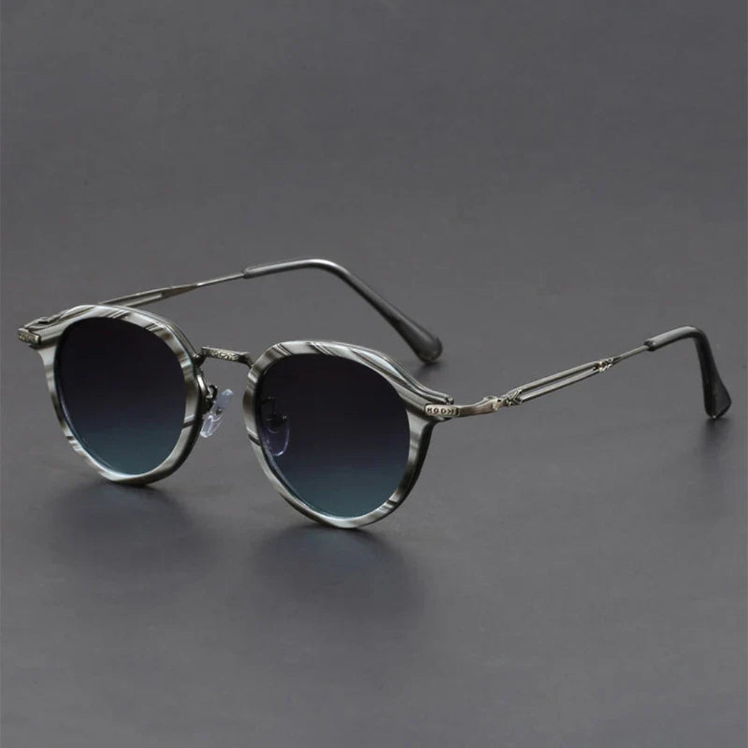 Retro round sunglasses with textured metal frame, contrast temple arms, and UV400 lenses