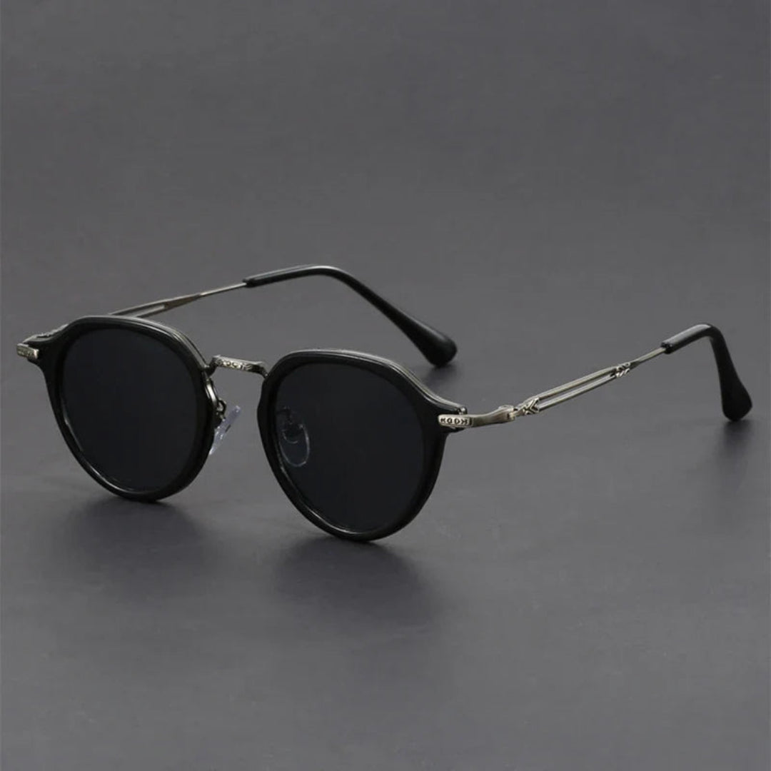 Retro round sunglasses with textured metal frame, contrast temple arms, and UV400 lenses