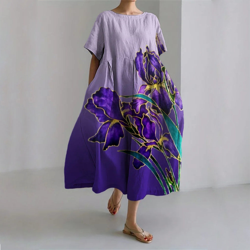 Floral silk-blend maxi gown with fluid draping in vibrant print, garden party ready