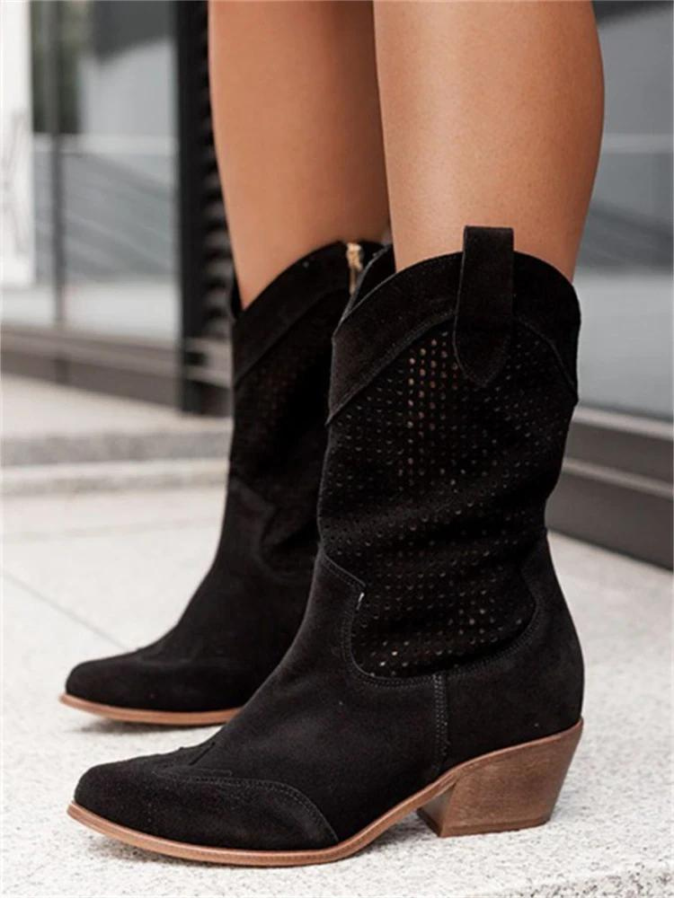 Women's brown perforated suede western boots with breathable shaft detailing and rugged winter silhouette
