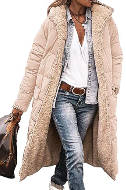 Women's reversible long puffer coat warm faux fur quilted black longline silhouette