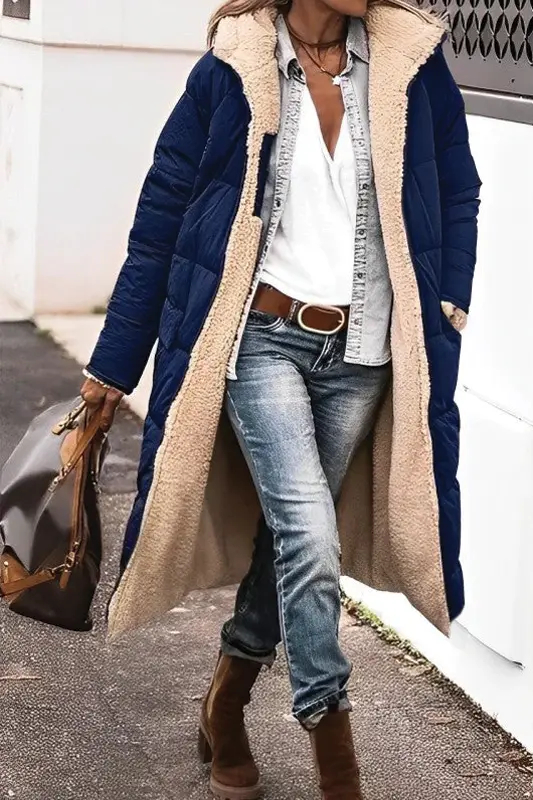 Women's reversible long puffer coat warm faux fur quilted padded longline silhouette two-in-one