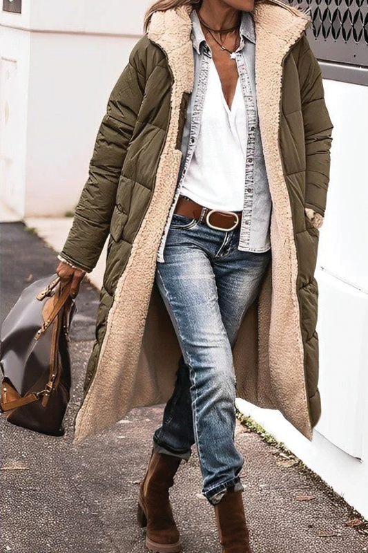 Reversible long padded coat with faux-fur lining and quilted shell, women's winter outerwear
