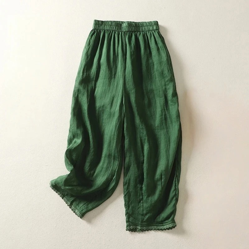 Rhea cropped linen trousers with relaxed fit, soft gathers, and stretch waistband in casual artisan style