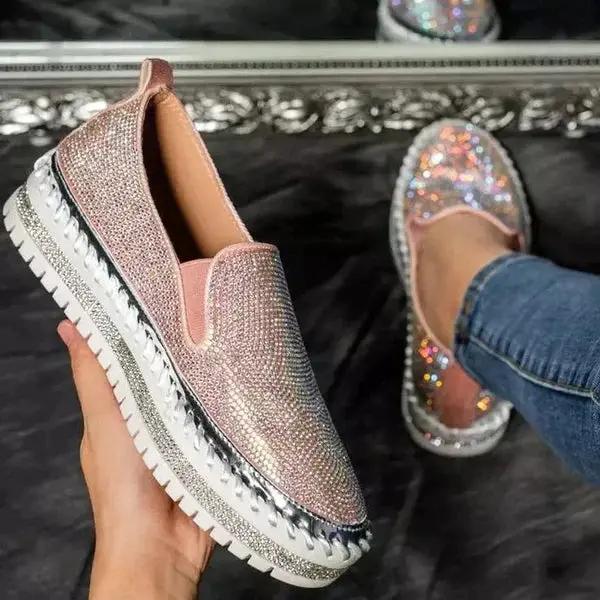 Women's rhinestone slip-on loafers in silver with embellished upper and thick cushioned sole