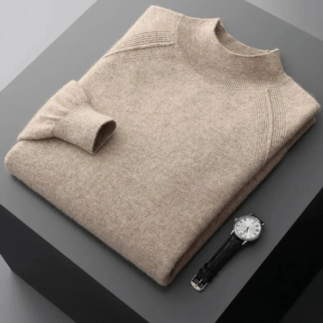 Rhys camel cashmere mock neck sweater with ribbed cuffs and hem for effortless layering