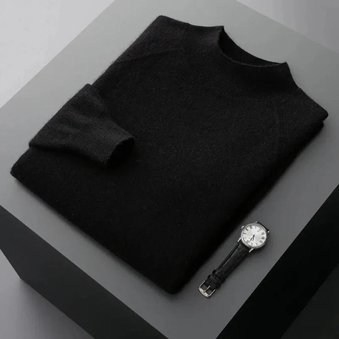 Rhys camel cashmere mock neck sweater with ribbed cuffs and hem for a timeless layered look