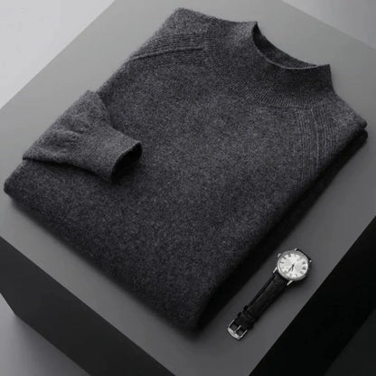 Rhys camel cashmere mock neck sweater with ribbed cuffs and classic minimalist silhouette