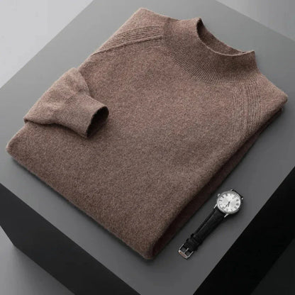 Rhys camel cashmere mock neck sweater with ribbed cuffs, lightweight and elegant