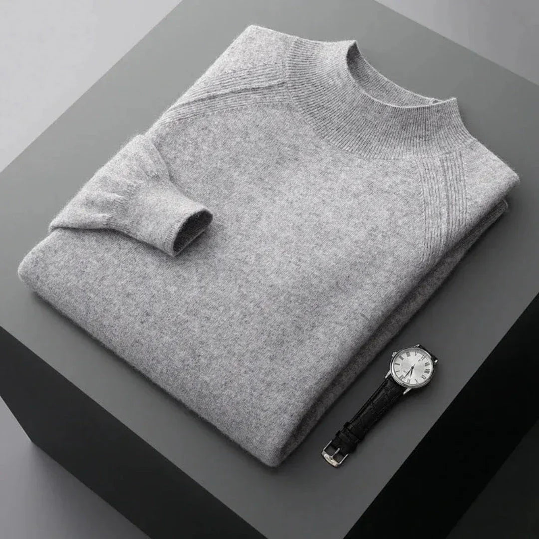 Rhys camel cashmere mock neck sweater with ribbed cuffs, lightweight and elegant layering piece