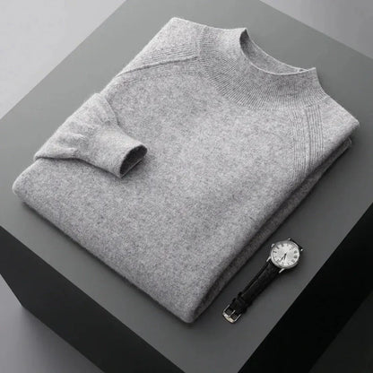 Rhys camel cashmere mock neck sweater with ribbed cuffs, lightweight and elegant layering piece