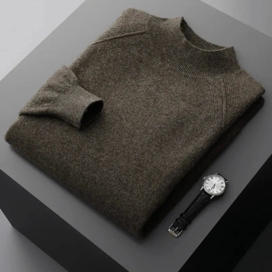 Rhys camel cashmere mock neck sweater with ribbed cuffs, lightweight and insulating