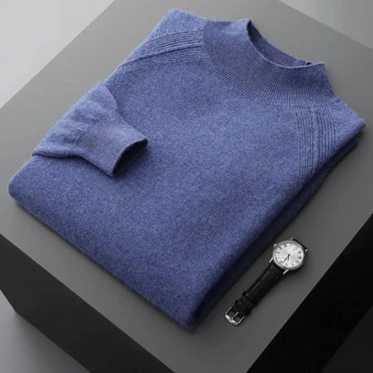 Rhys camel cashmere mock neck sweater with ribbed cuffs, lightweight and insulating