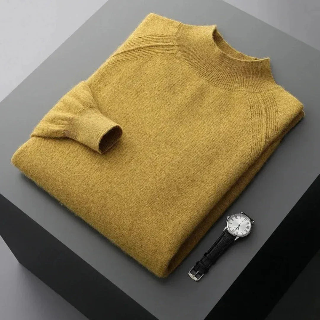 Rhys camel cashmere mock neck sweater with ribbed cuffs and relaxed elegant fit
