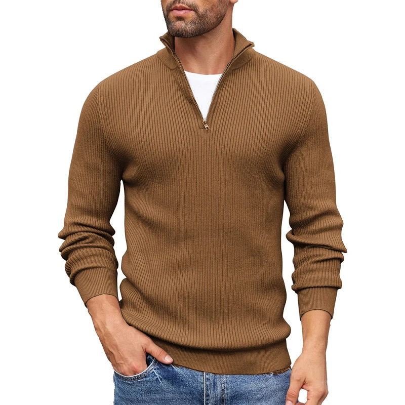 Men's slim fit ribbed knit half-zip collar pullover sweater, warm casual everyday essential