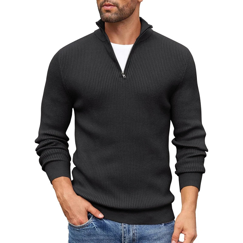 Men's slim fit ribbed knit half-zip sweater in warm neutral tone, modern pullover silhouette