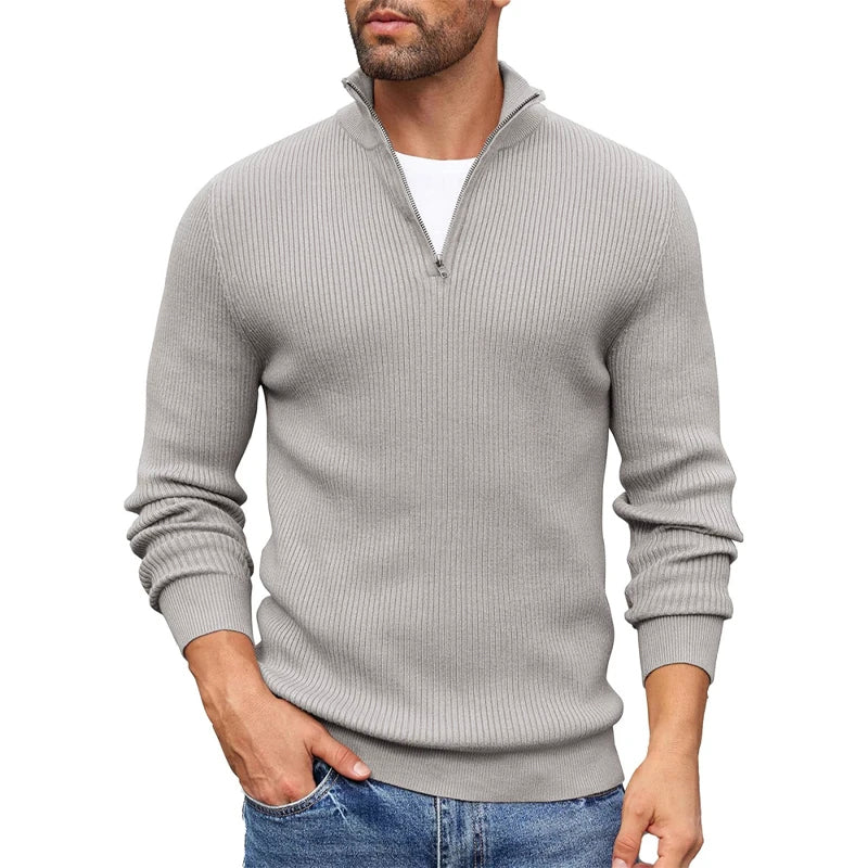 Men's slim fit ribbed knit half-zip sweater pullover, warm casual essential with modern collar