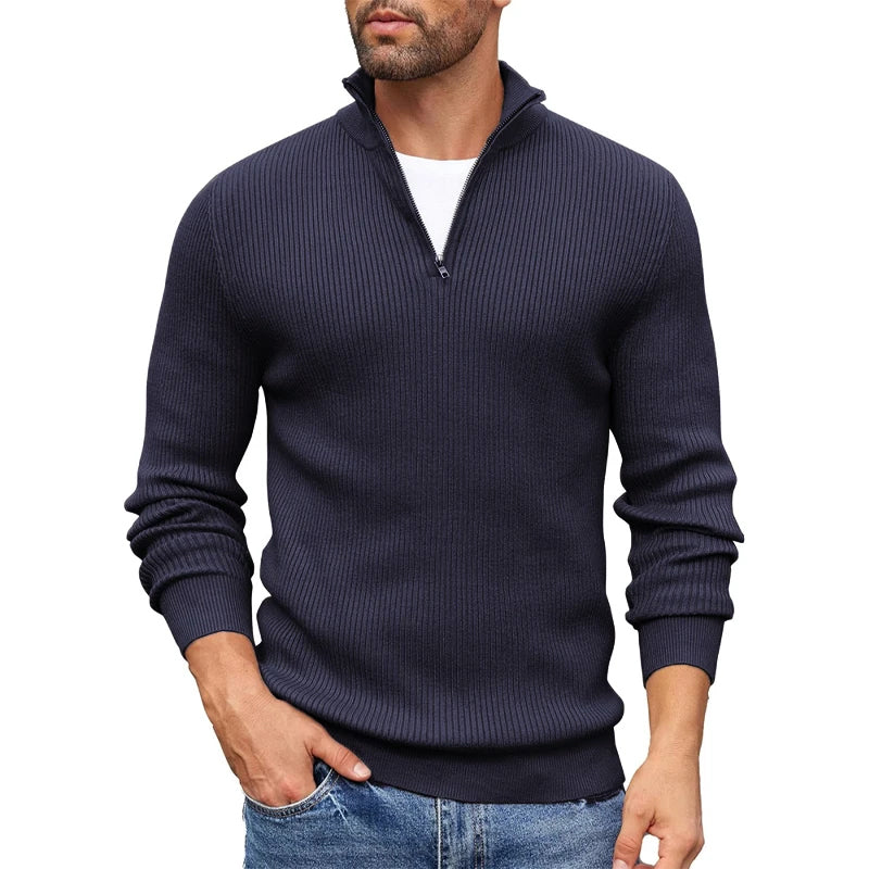 Men's slim fit ribbed knit half-zip sweater in warm neutral tones, modern pullover essential
